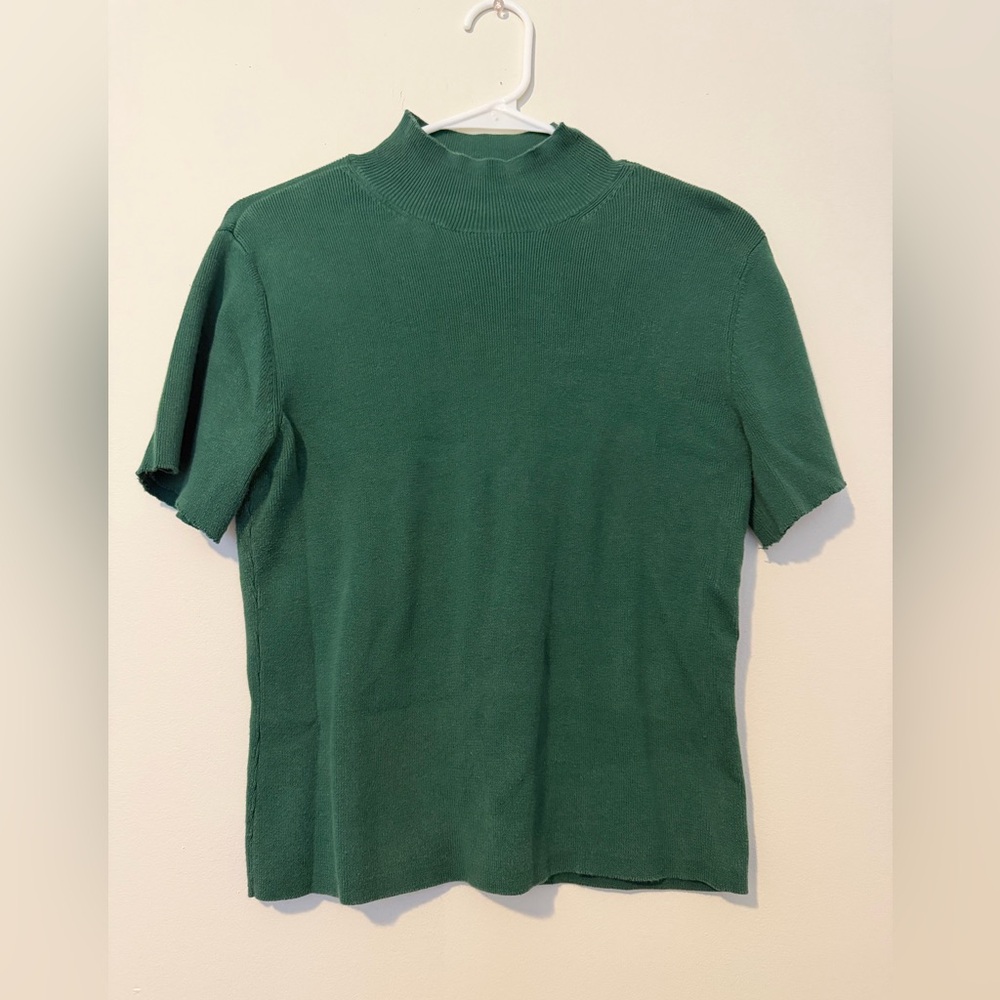 🌿 Talbots Petites Green Mock Neck Short Sleeve Sweater – Size S Petite